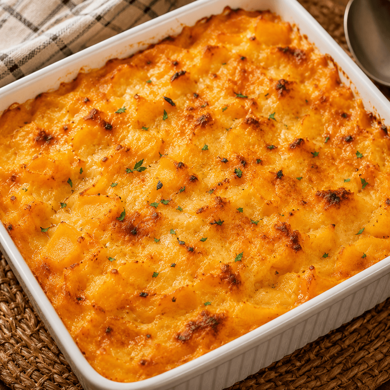 Travessa gratinada dourada saindo do forno.