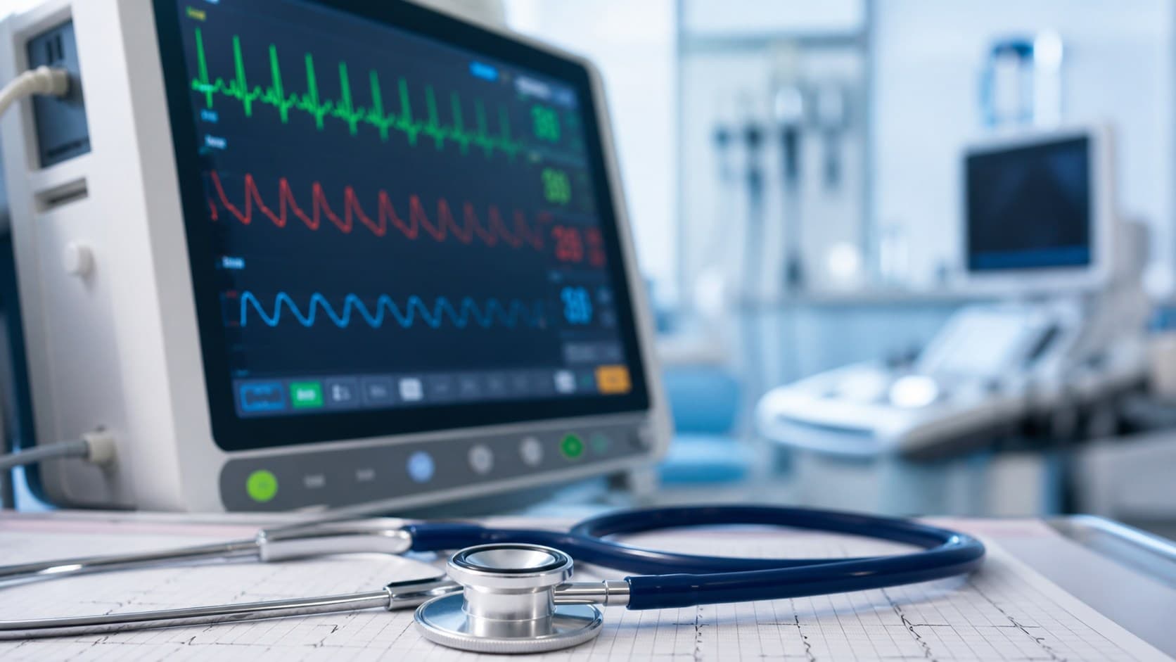 Monitor cardíaco e estetoscópio em ambiente de cardiologia