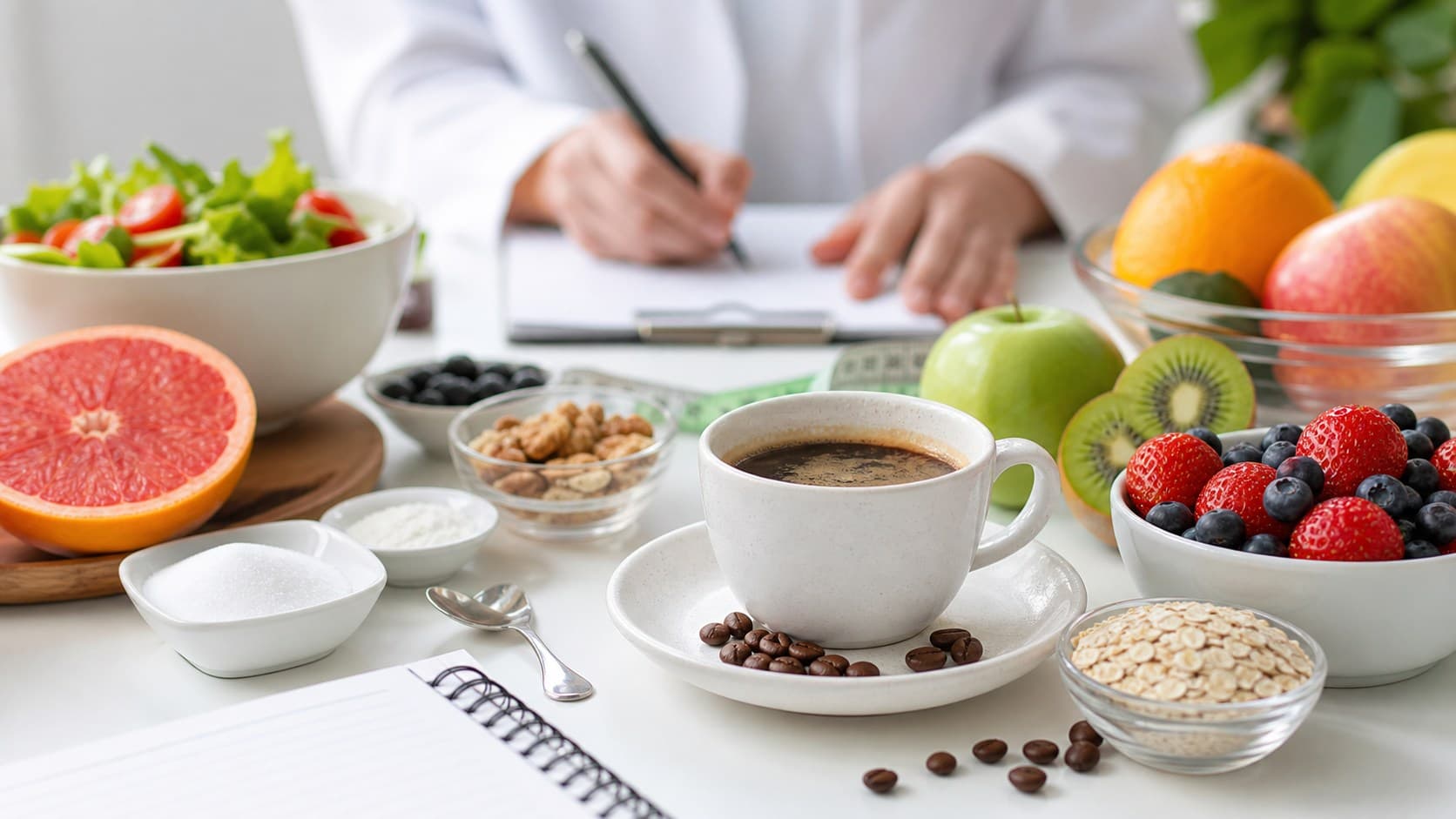Alimentos, café e mesa de orientação nutricional